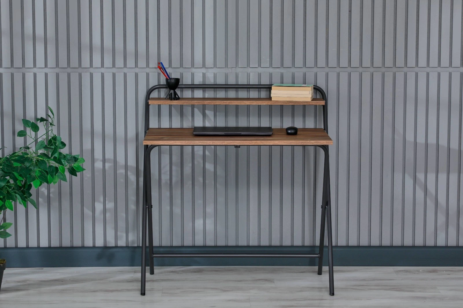 Portable Folding Desk with Shelf, Brown Wood Laptop Table for Small Spaces, view 6