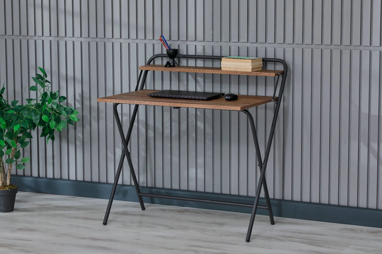 Portable Folding Desk with Shelf, Brown Wood Laptop Table for Small Spaces, view 7