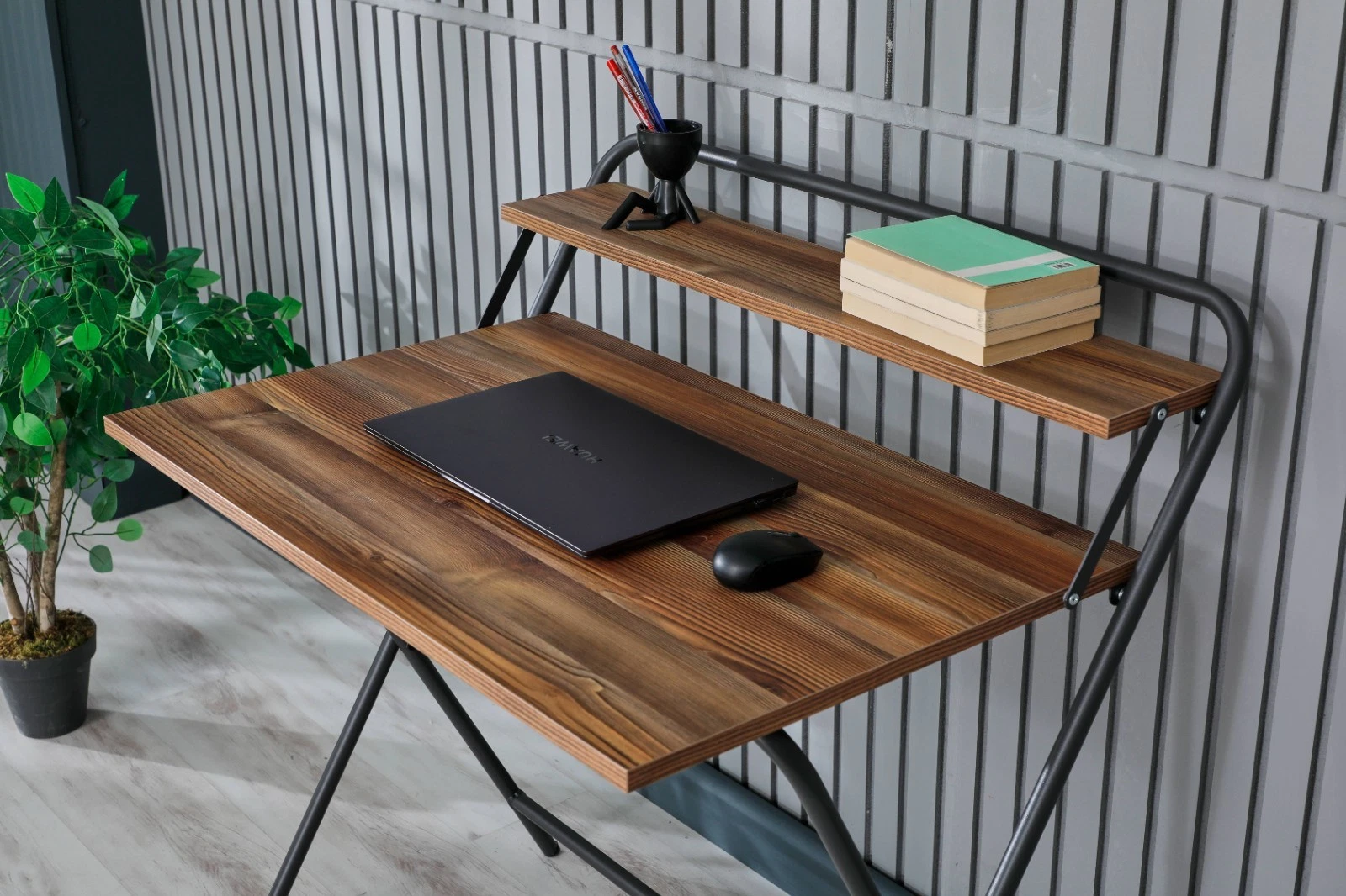 Portable Folding Desk with Shelf, Brown Wood Laptop Table for Small Spaces, view 8