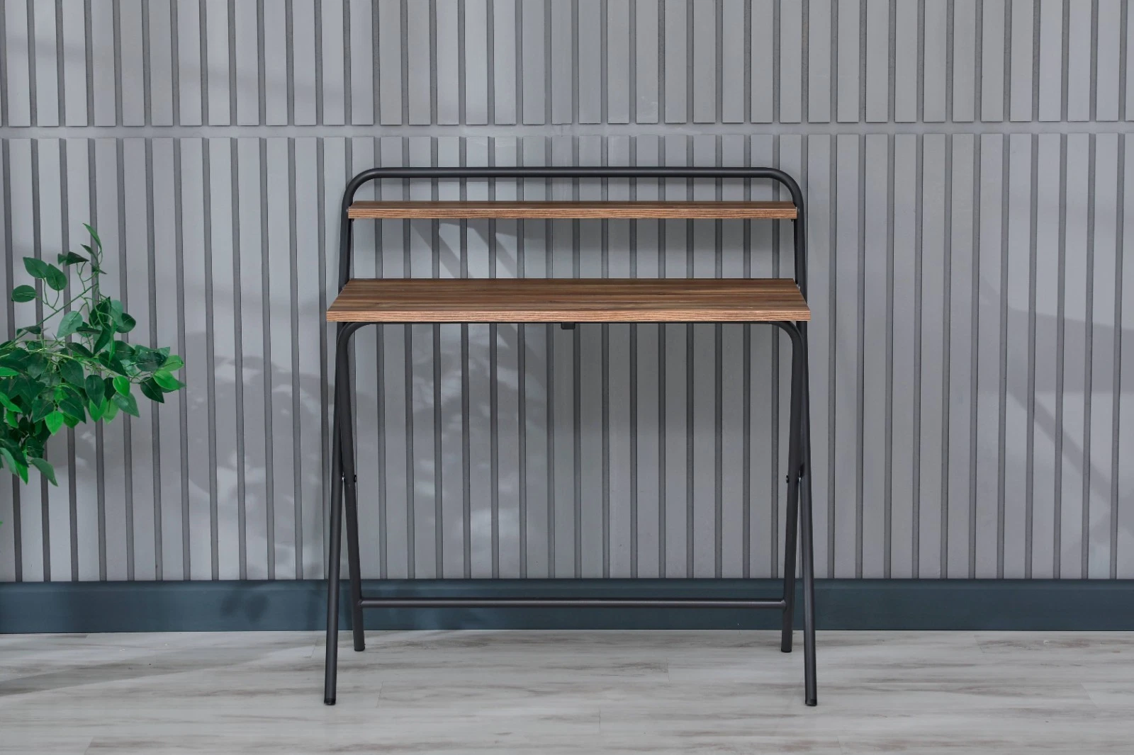 Portable Folding Desk with Shelf, Brown Wood Laptop Table for Small Spaces, view 9