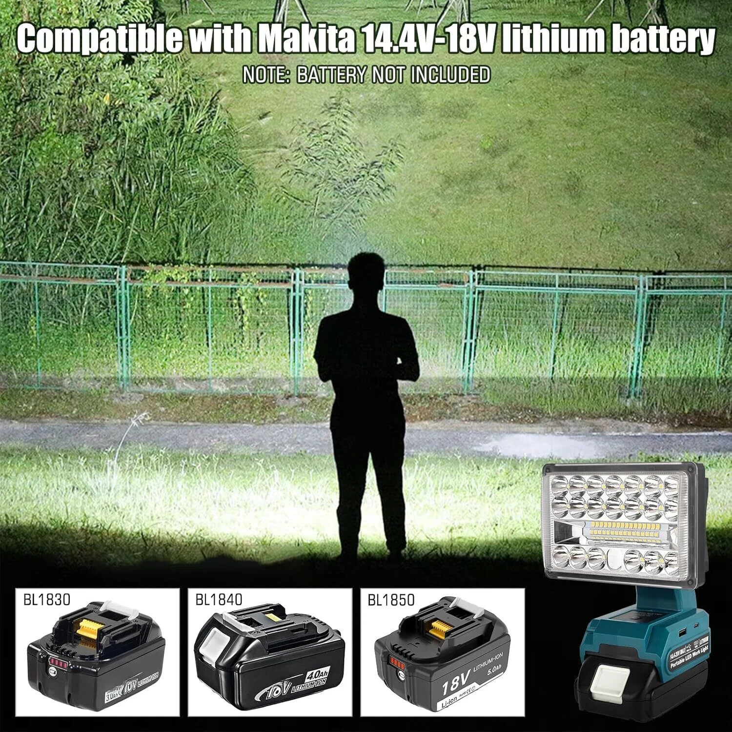2000LM Cordless LED Work Light Flashlights Spotlight for Dewalt 20v Battery, view 15