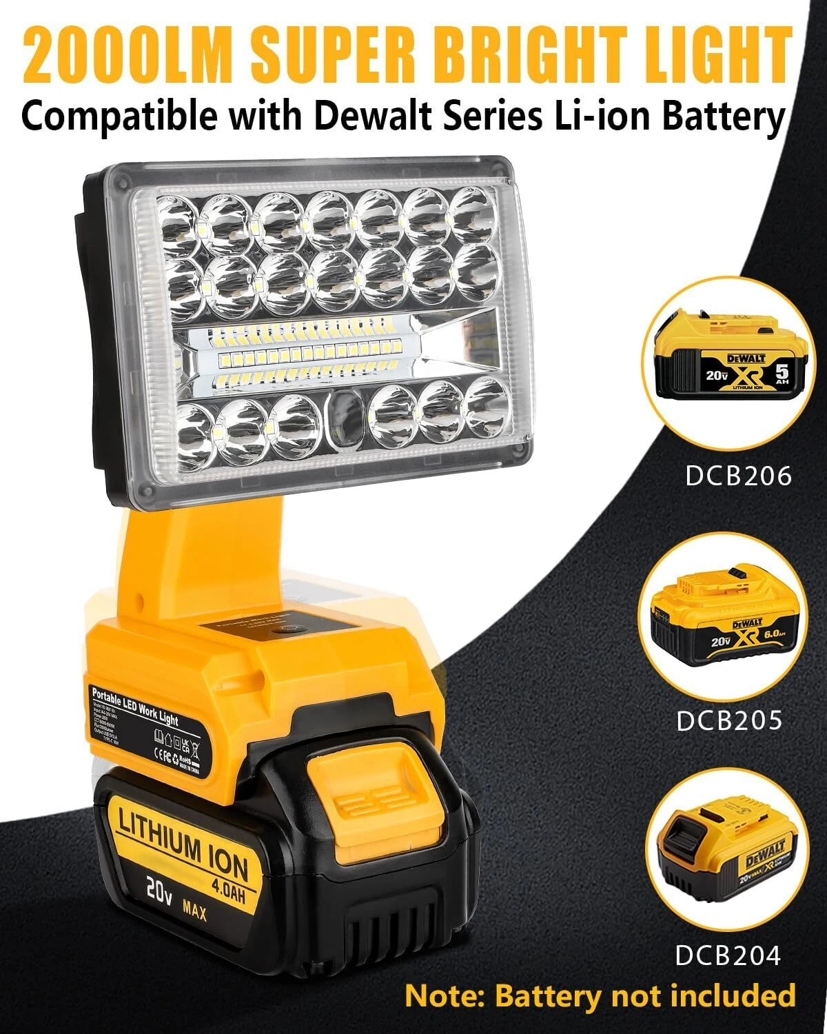 2000LM Cordless LED Work Light Flashlights Spotlight for Dewalt 20v Battery, view 19