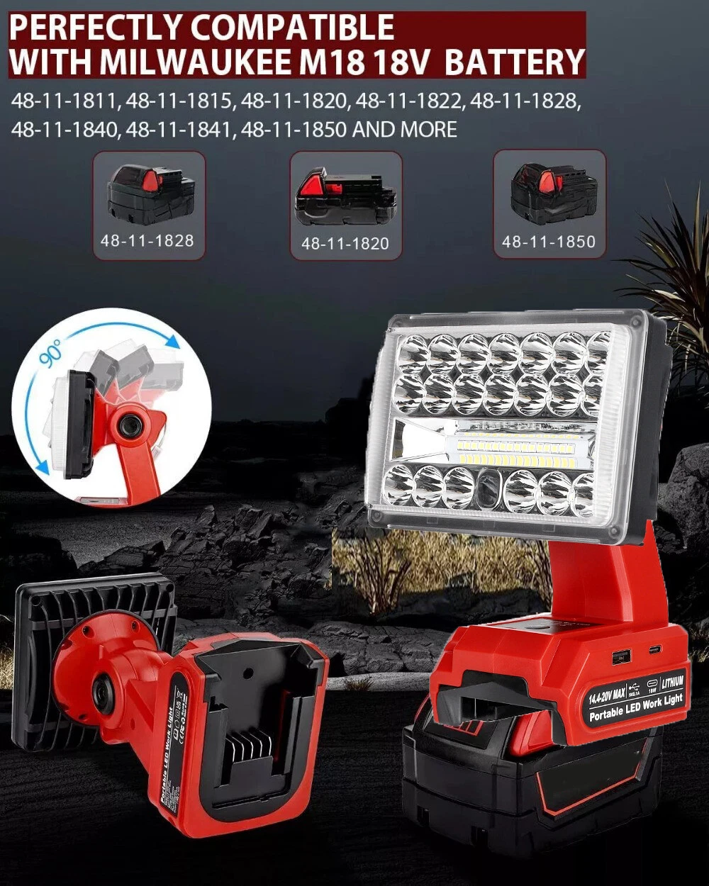 2000LM Cordless LED Work Light Flashlights Spotlight for Dewalt 20v Battery, view 21