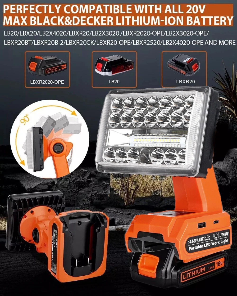 2000LM Cordless LED Work Light Flashlights Spotlight for Dewalt 20v Battery, view 23