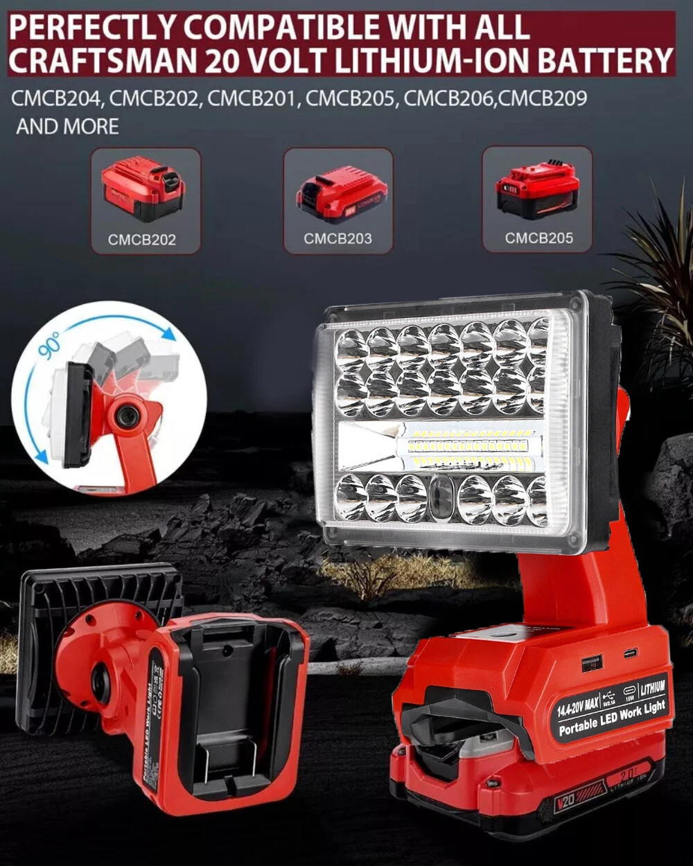 2000LM Cordless LED Work Light Flashlights Spotlight for Dewalt 20v Battery, view 25