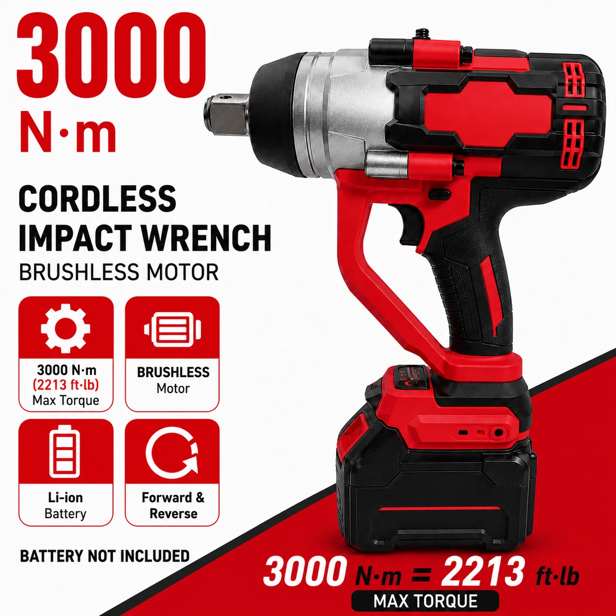 3000Nm (2213 ft-lbs) Brushless Cordless 1" Impact Wrench Tool Heavy Duty Tool, view 13
