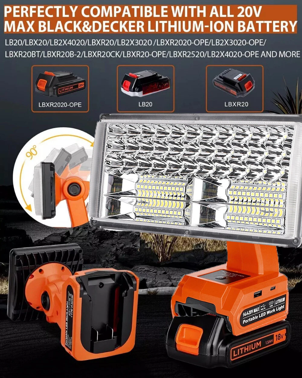 4200LM Cordless LED Work Light Flashlights Floodlight for Dewalt 18v 20V Battery, view 23