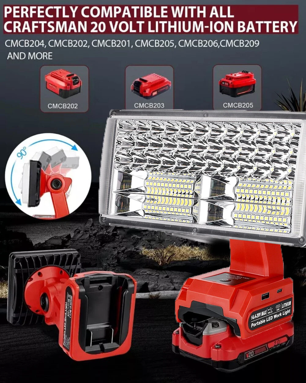 4200LM Cordless LED Work Light Flashlights Floodlight for Dewalt 18v 20V Battery, view 25