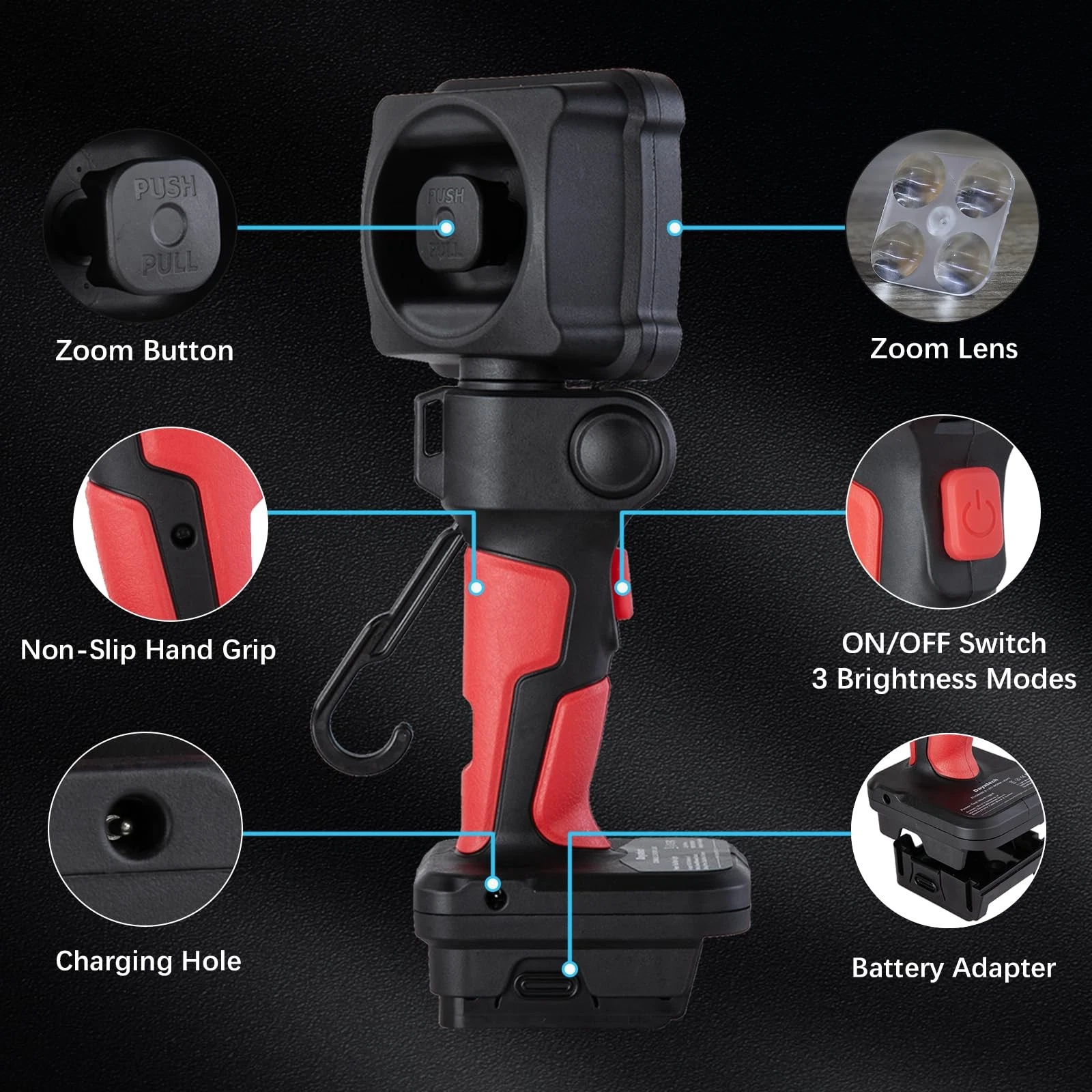 Cordless LED Work Light, Zoom Handheld Spotlight Compatible with Dewalt, Milw..., view 5