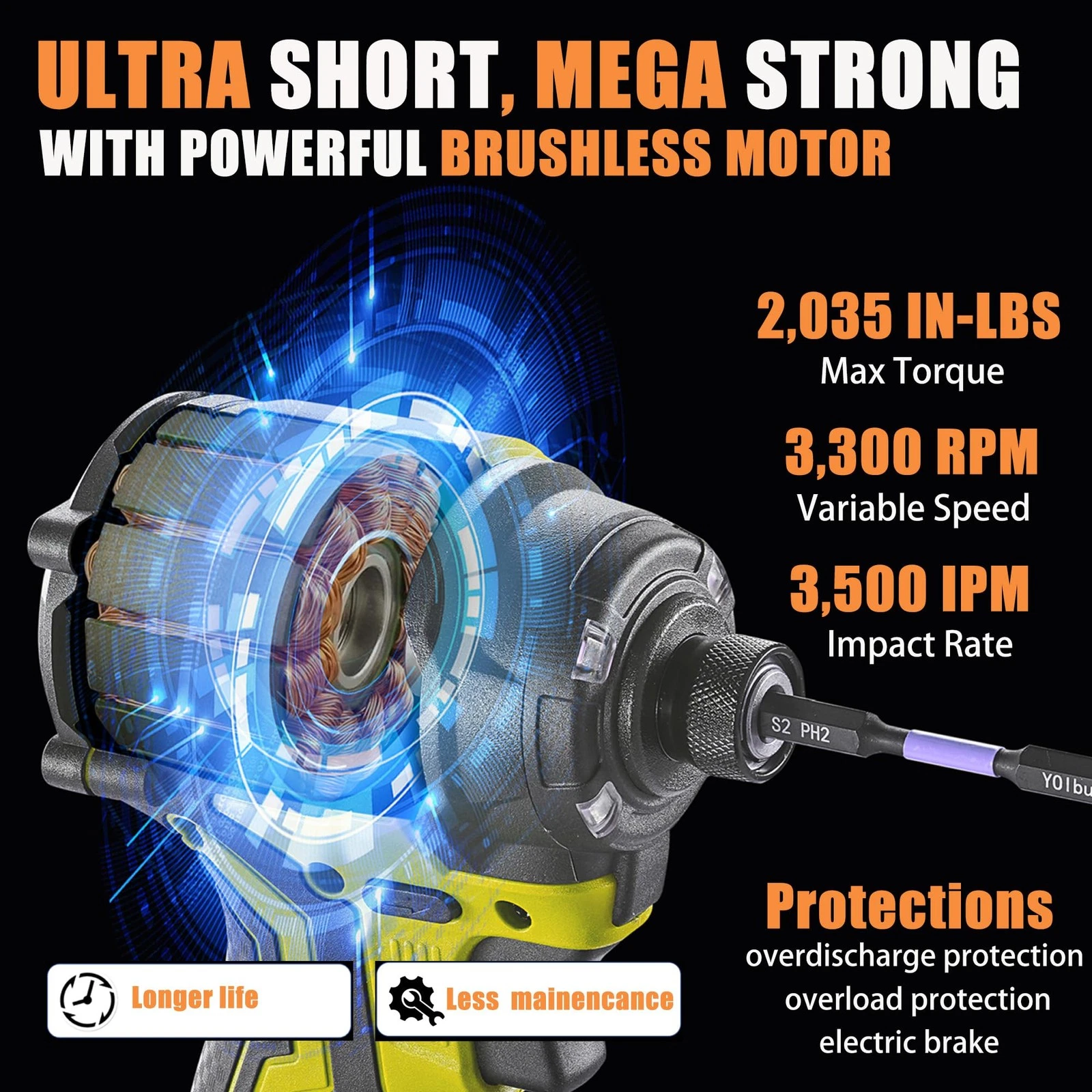 YOIbuy Cordless Impact Driver 1/4 inch, Compact Design, Head length Only 4-1/..., view 2