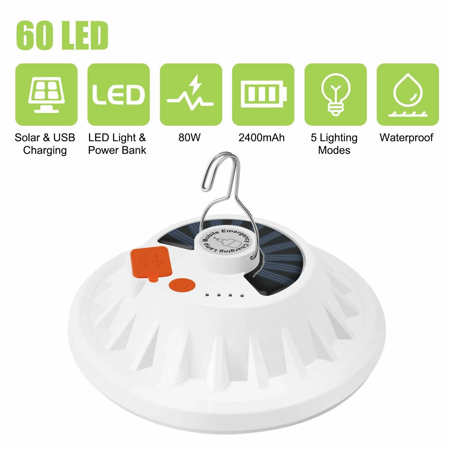 Rechargeable 60 LED Outdoor Camping Tent Light USB & Solar Lantern Hiking Lamp, view 2