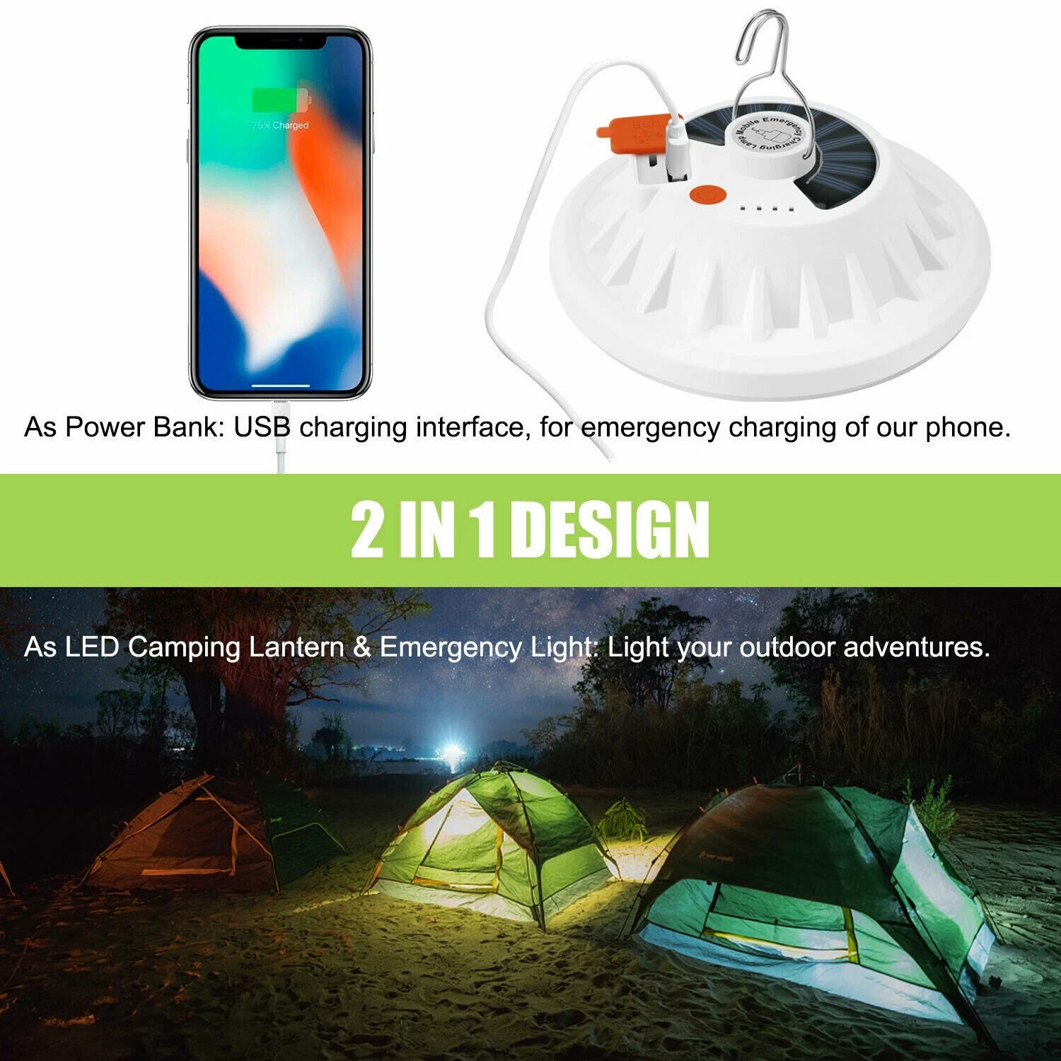 Rechargeable 60 LED Outdoor Camping Tent Light USB & Solar Lantern Hiking Lamp, view 4